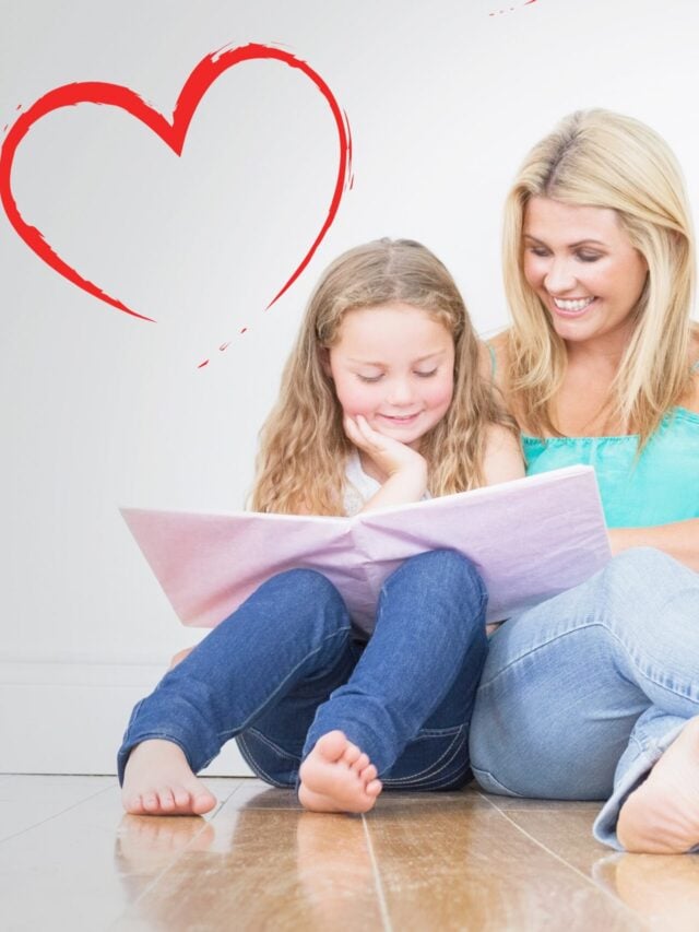 Composite image of mother and daughter reading a book