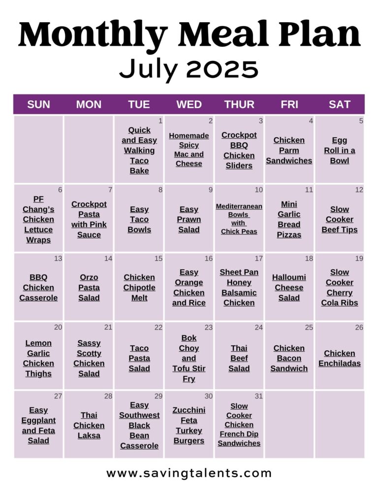 Dinner Meal Plan for the Month (July 2025)